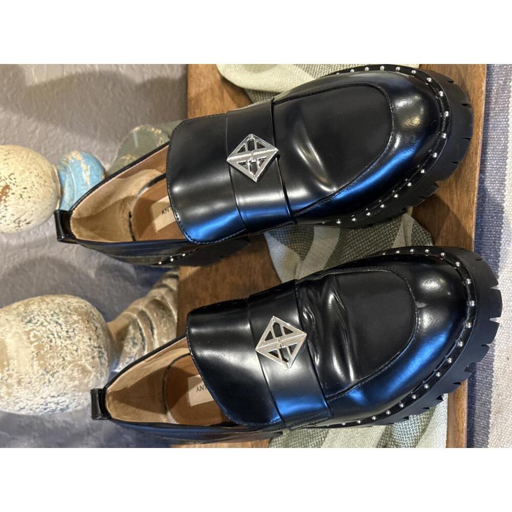 Black Women's Leather Studded Loafers with Silver Accent
